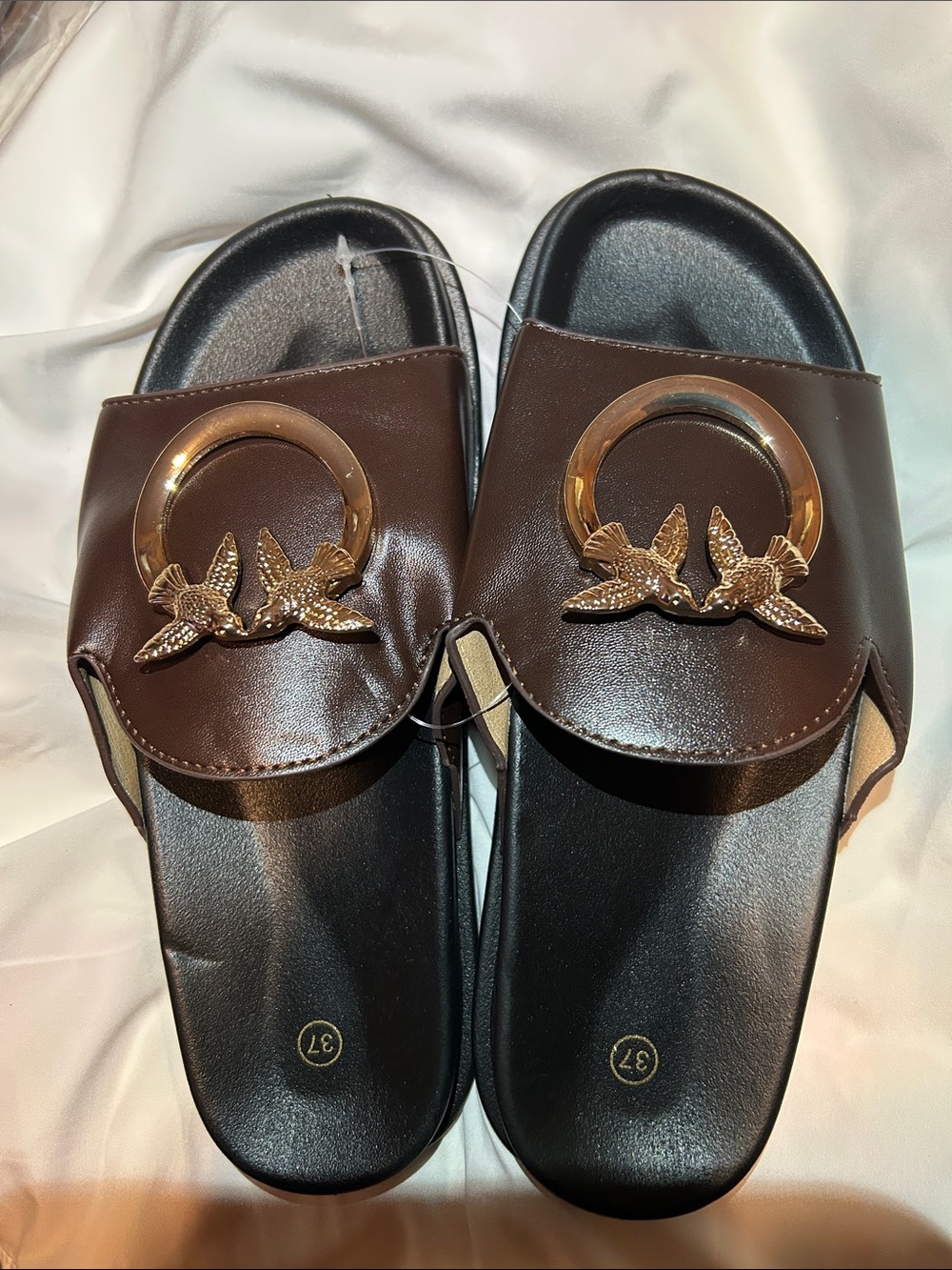 Women's Brown Slide Sandals with Gold Bird Ring Accent